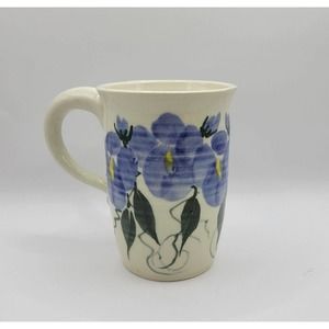 Studio Pottery Blue Violets Forget Me Nots Flowers Ceramic Coffee Tea Mug